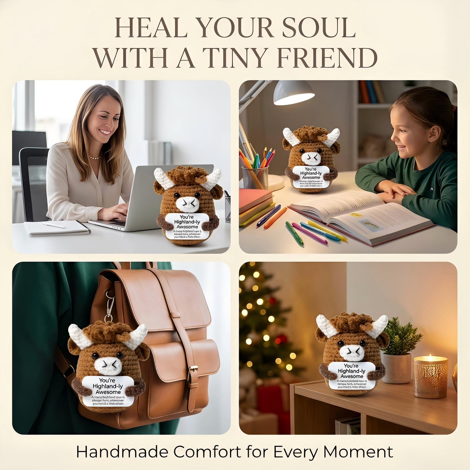 Super Cute Handmade Highland Cow Knit Doll,Soft Fluffy Crochet Plush Toy,Squishy Anxiety Relief Decor,Cute Bag Pendant Keychain Ornament,Ideal Gift for Birthday Christmas Mother’s Day,Desk Bedside Car Interior Decor,One of A Kind Handcrafted Stuffed Anima