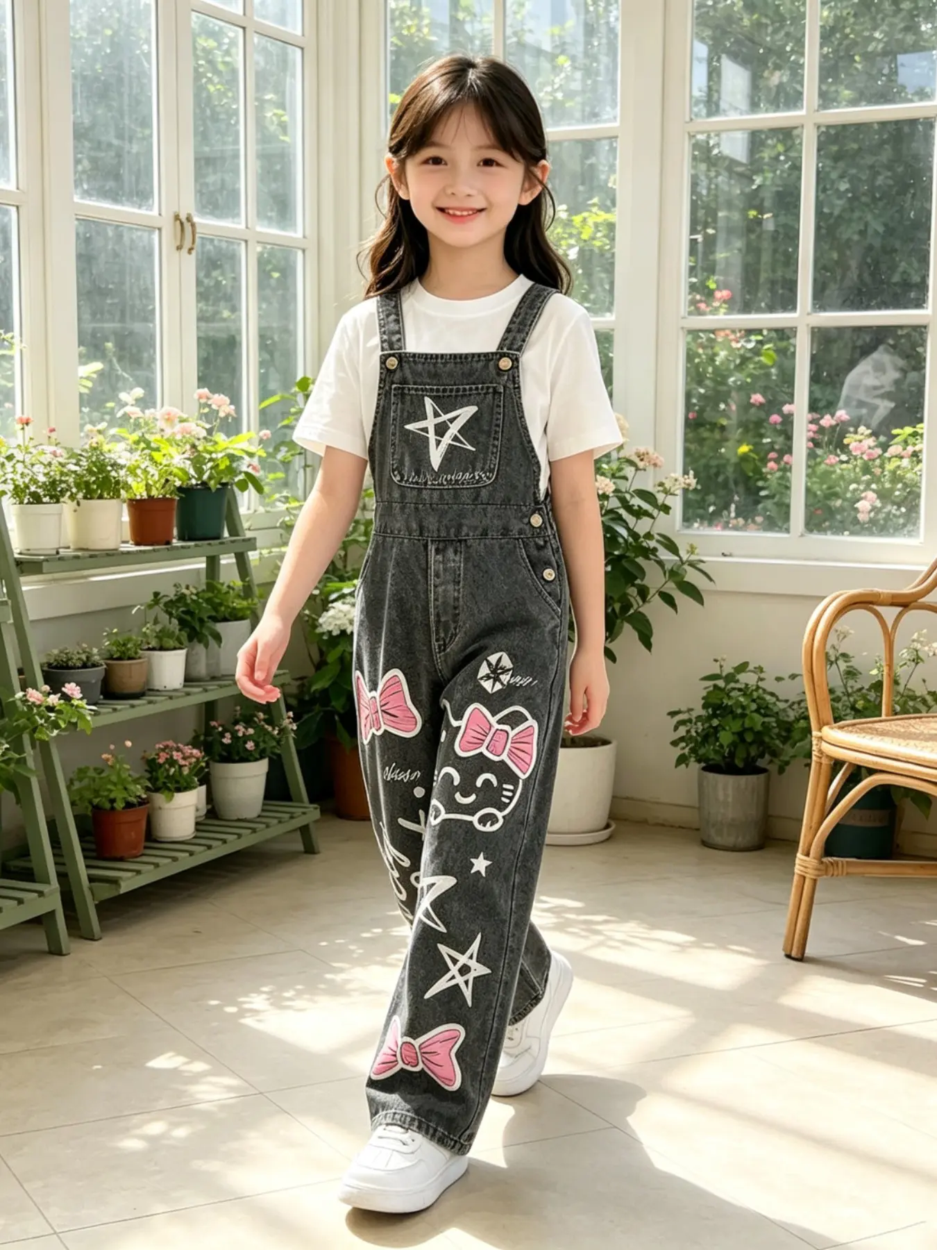 Y2K Style Cat Print Denim Overall Pants for Girls, Casual Cargo Pants, Spring & Fall Slim-Fitting All over Print