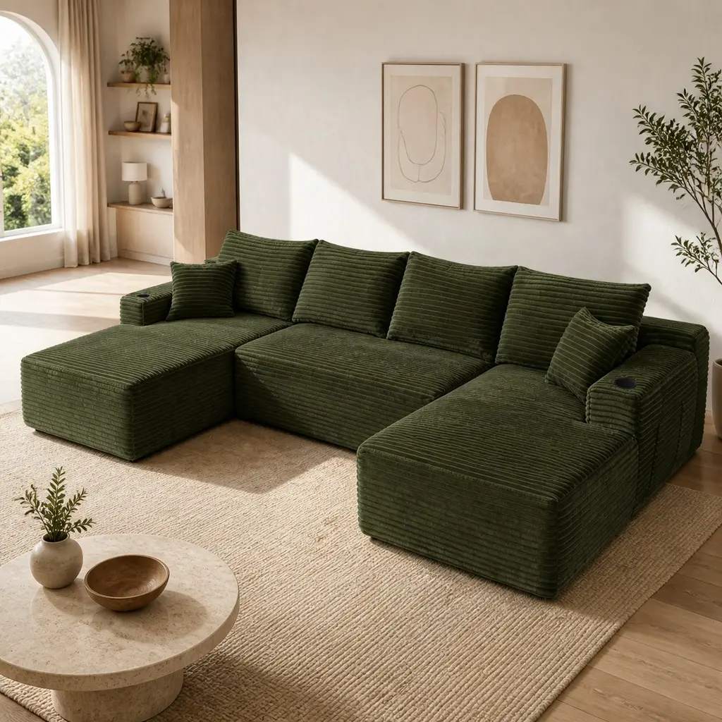 134" U-Shape Corduroy Cloud Reversible 5-Seat Sectional Sofa with Chaise, Sponge+Spring Core, Storage Side Pockets, Cup Holder, Modular Fully Assembled Indoor Furniture for Living Room Bedrooms, Deep Cloud-Like Seating