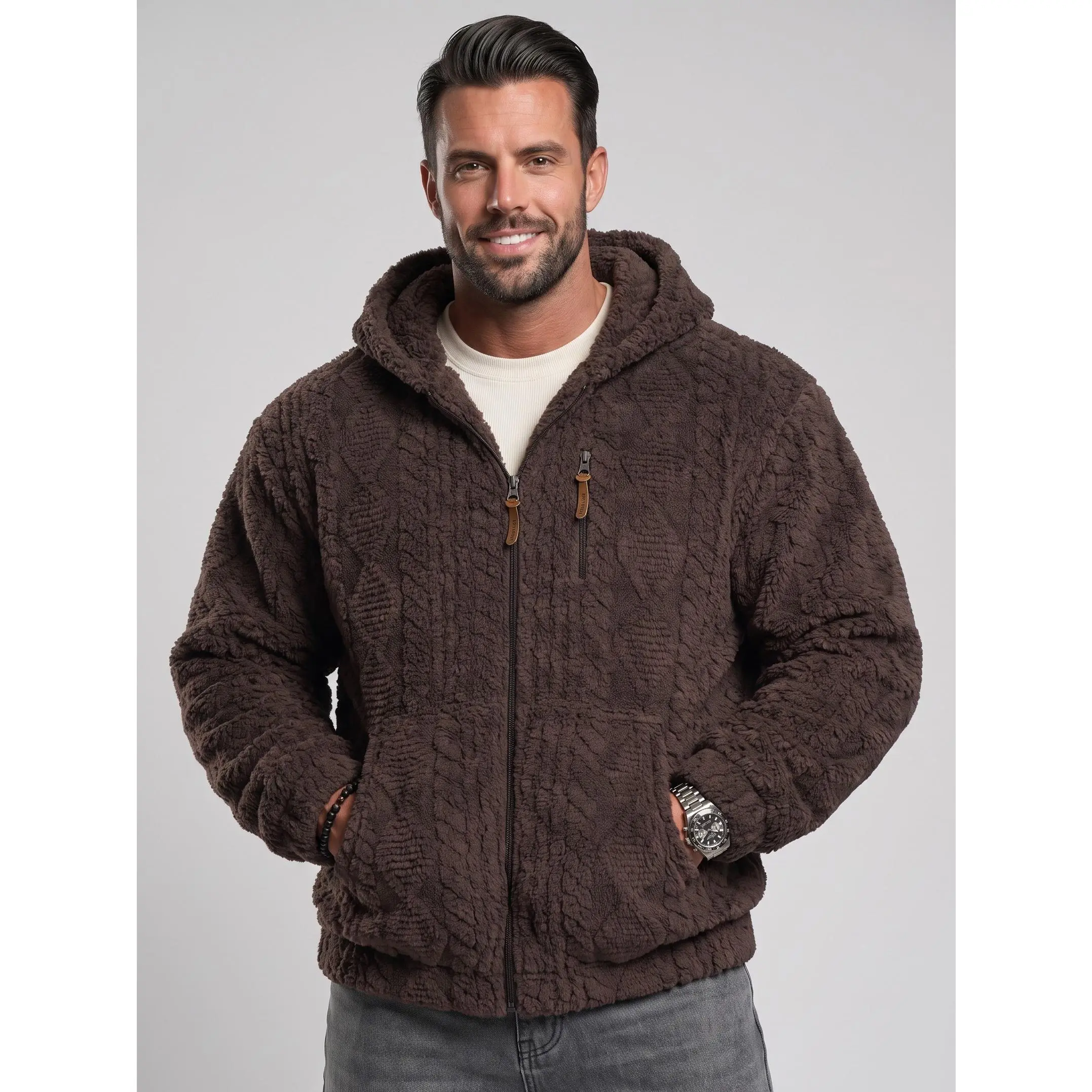 KZZ Men's Cable Knit Sherpa Fleece Hoodie - Menswear Full Zip-Up Textured Teddy Bear Jacket with Kangaroo Pocket, Warm Winter Casual Tops Outwear (Plain, Small Sizing Compatible with Jeans Pairing)