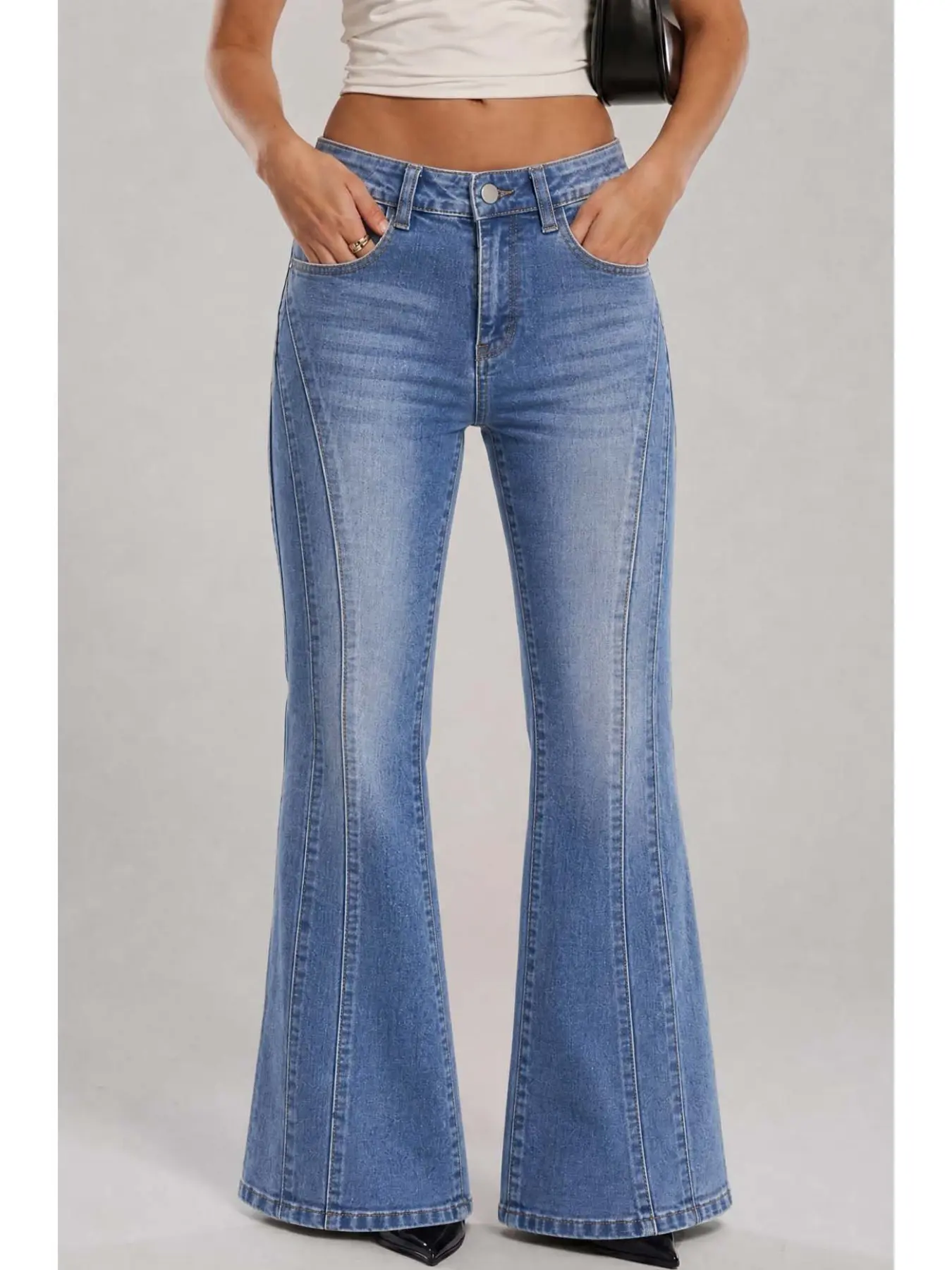 Mid Waist Vertical Stripe Denim Jeans, Light Blue Vintage Wash Stretch Flare Jeans, Y2K American Street Style, Retro Fashion