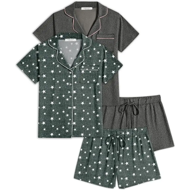 2 Pack Women’s Pajama Sets, Short Sleeve Button Down PJs with Matching Bottoms, Soft Casual Sleepwear Lounge Sets for Home, Travel & Everyday Wear