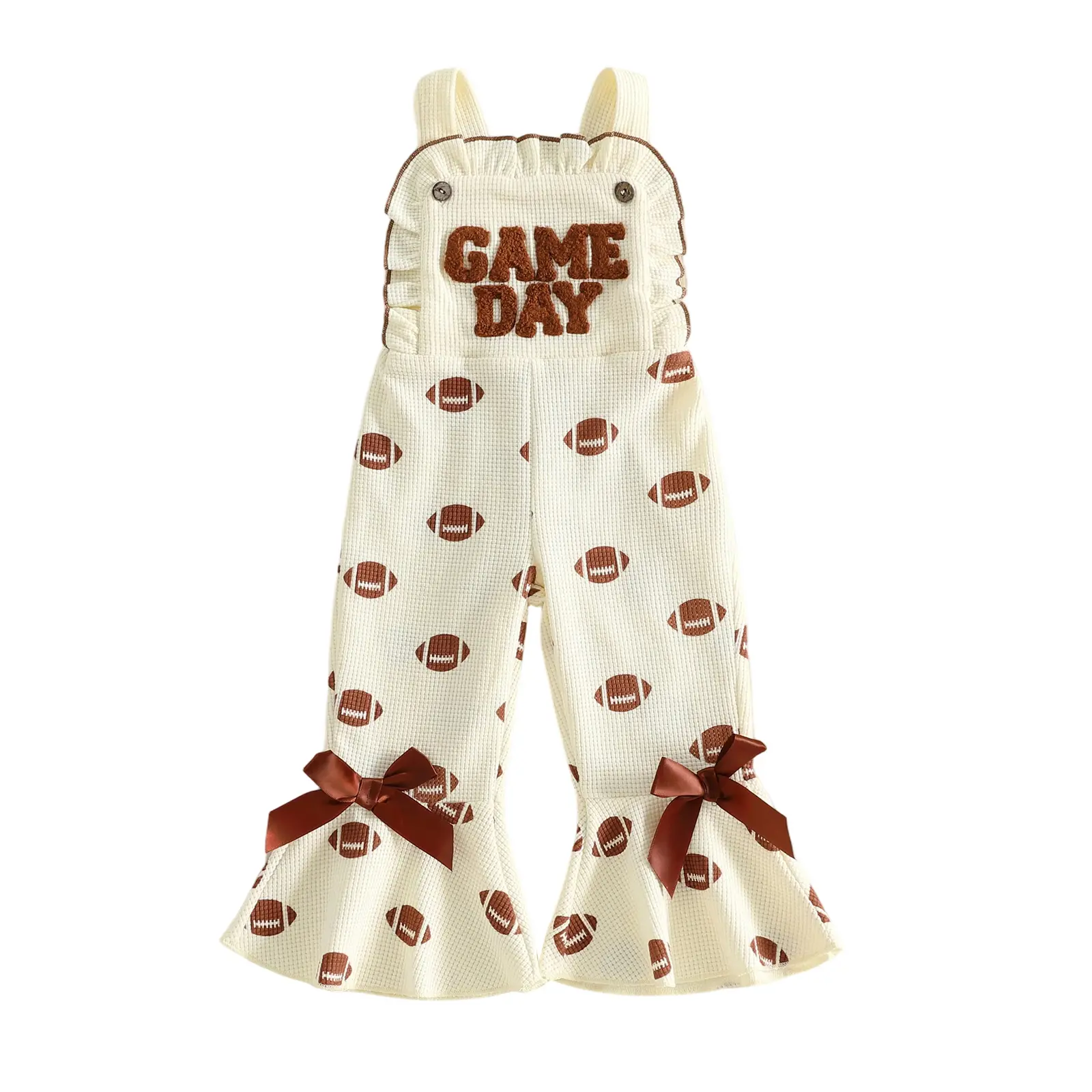 Kids Toddler Baby Girl Football Outfit Spaghetti Strap Waffle Game Day Bell-Bottom Suspender Jumpsuit Rugby Overalls