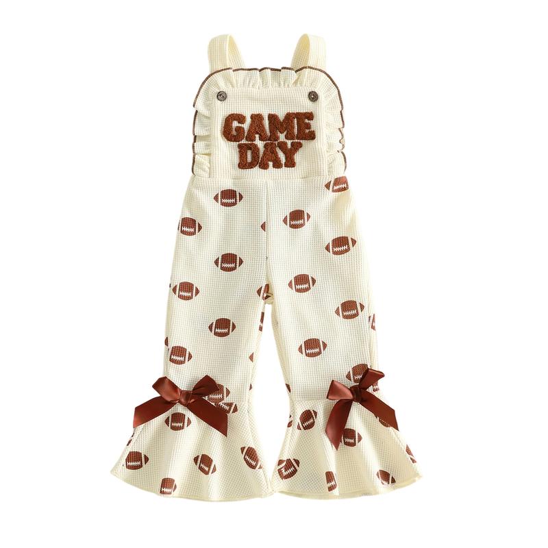 Kids Toddler Baby Girl Football Outfit Spaghetti Strap Waffle Game Day Bell-Bottom Suspender Jumpsuit Rugby Overalls