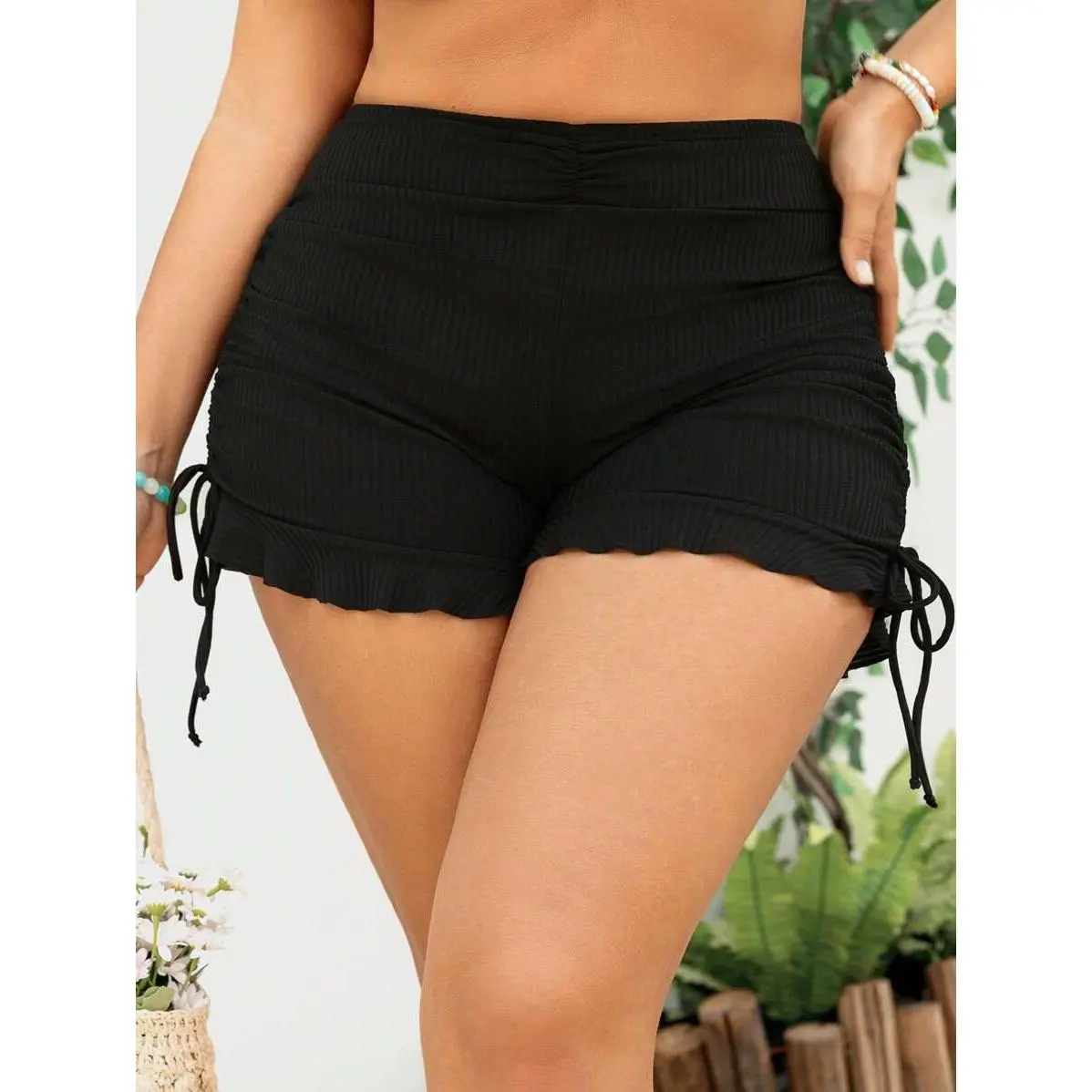 Plus Size Women's Striped Swim Shorts, High Waisted Beach Bottoms with Ruffle Trim, Ruched Sides and Drawstring Tie, Beach Shorts, Polyester Blend, Female Swim, Lined Interior, Machine Wash, Beachwear, Multi-Size, Ruffled Trim