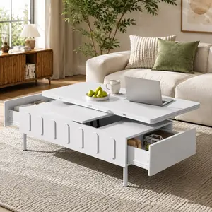 ARCH Furniture 4-in-1 Collapsible Expandable Rectangle Lift-Top Coffee Table with Drawers - Modern MDF & Metal Legs Living Room Centerpiece, Adjustable Height, Foldable Top with Hidden Storage, Convertible for Family Dinners