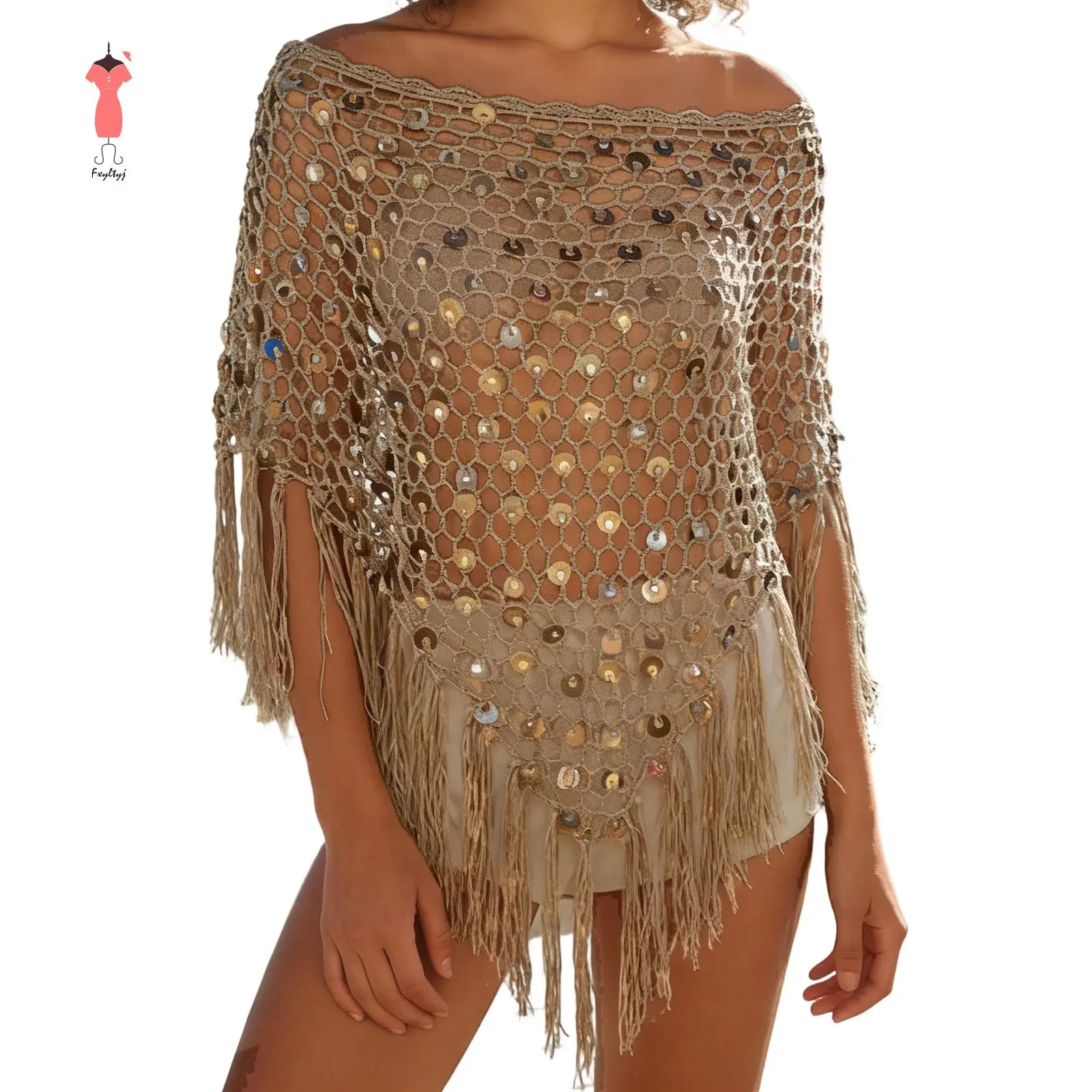 Women's Crochet Knit Poncho with Sequins, Hollow Out Polyester Tassel Shrug, Casual Loose Fit Beach Cover-Up, Beach Wear, Handmade Crochet