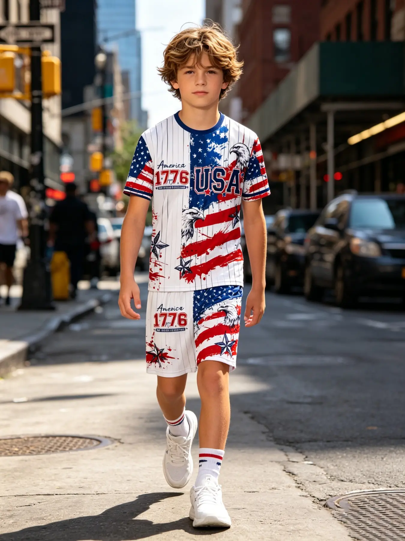 Boys' American Flag Eagle Short Sleeve Shorts Set, Summer Camp, Casual Home Wear, American Theme Party, Daily Wear for Middle School Boys