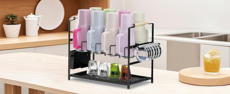 Water Bottle Organizer Drying Rack for 40 oz Tumbler with Handle, 2 in 1 Multifunctional Cup Storage Holder Compatible with Stanley, Owala, Simple Modern, Soufull, 8 Slots (Patented)