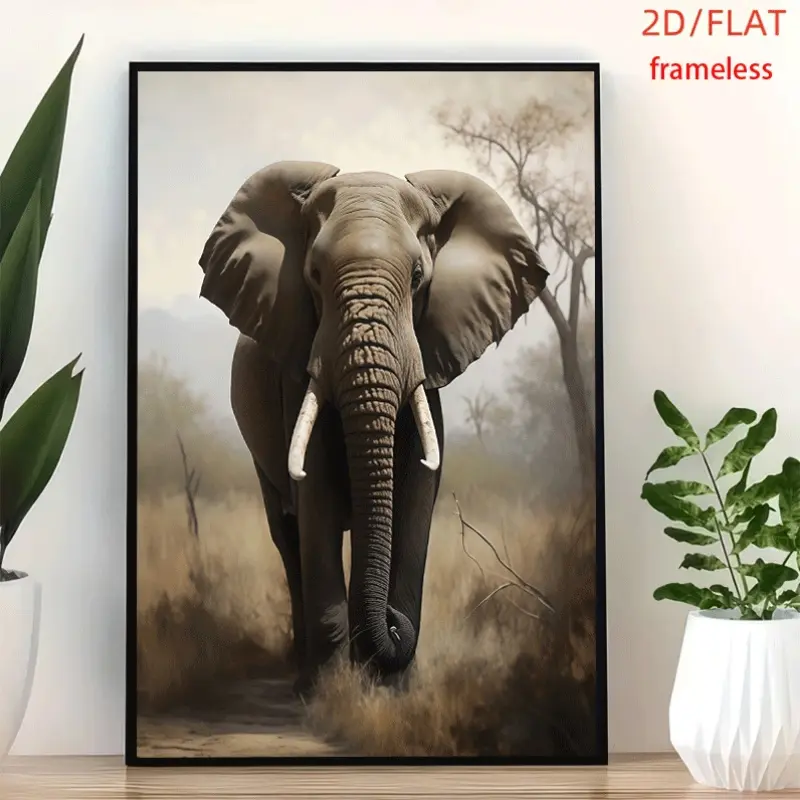 frameless African Elephant Walk Art Decor Print Poster, Wall Art for Living Room, Bedroom, Office, Dining Room & Bar, Perfect Gift & Home Decor, 12in x 16in