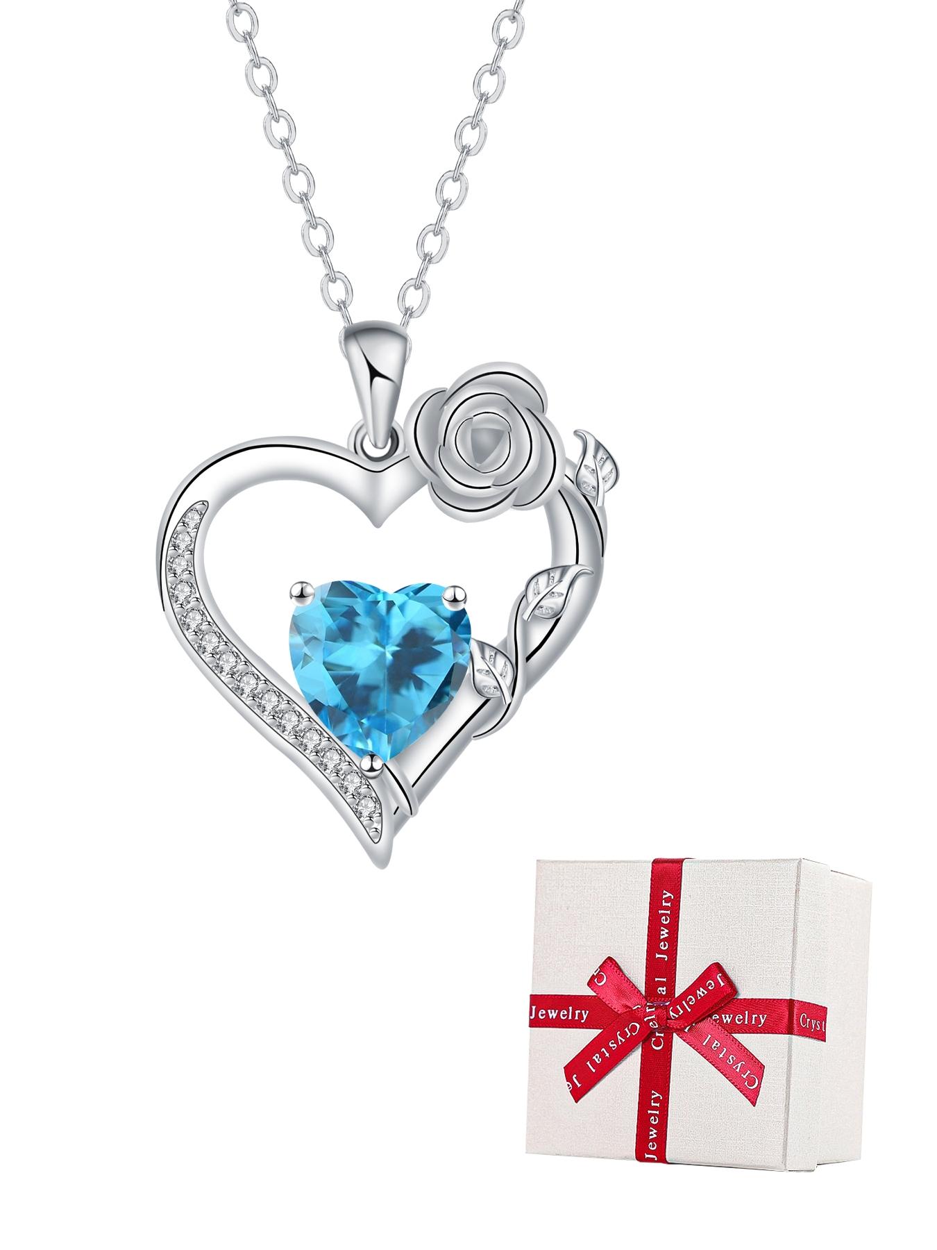 Rose Flower Heart Pendant Necklace With Rose Jewelry Gift Box, Love Heart Necklace, Anniversary Birthday Gifts for Women Mom Wife Her, Mother's Day Jewelry Gift for Mom