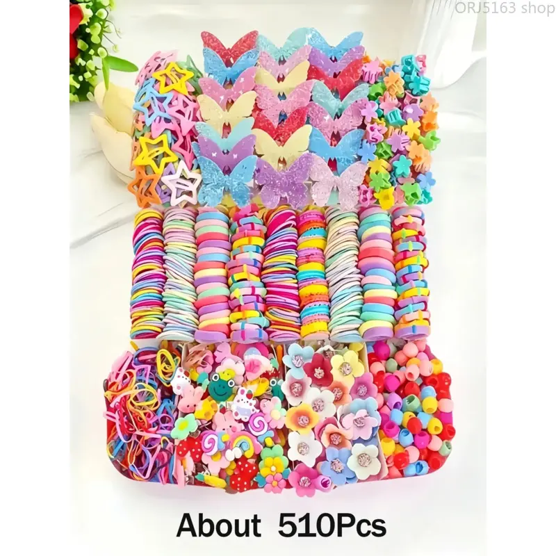 Kids' 510-Piece No-Damage Polyester Hair Accessories Set (Opp Bag Packaging) - Pink Butterfly Princess Themed, High Elastic Hair Ties, Mini Rubber Bands, Star Flower Jaw Clips for Everyday Hairstyle DIY