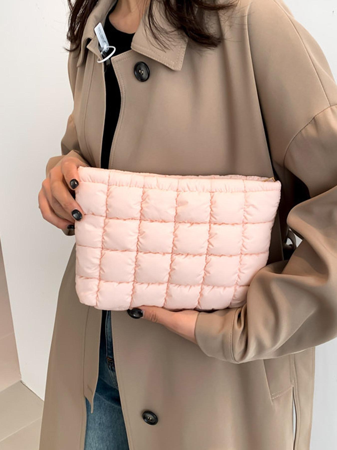 Solid color quilted design clutch bag, large capacity zipper travel storage bag, women's portable travel storage bag, back to school season, suitable for daily commuting and travel, school portable bag, Quilted Purse