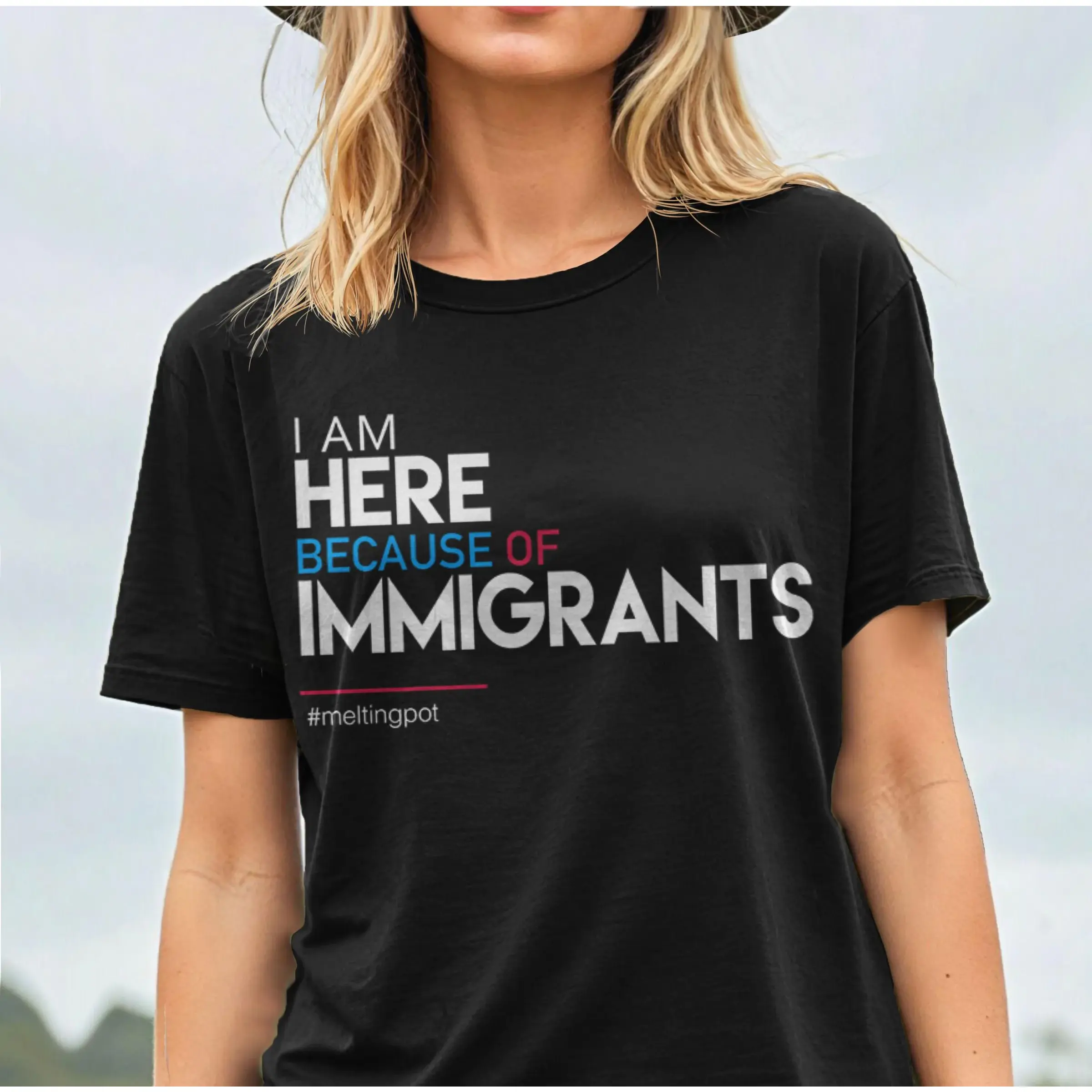 Women's "I Am Here Because Of Immigrants" Graphic Sports Top - Heavyweight Cotton, Everyday, Breathable, Casual, Loose Short-Sleeve Crewneck, Solid Drape, Clean Finish, Front Print, Social Statement, Trending Streetwear, Best Gift