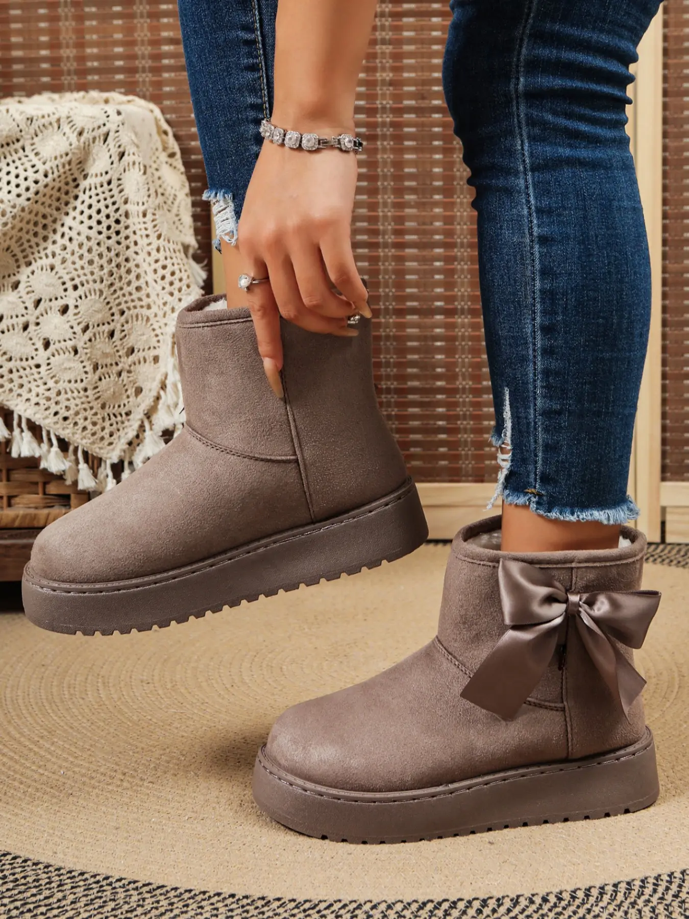 Women Platform Snow Boots, Cute Bow Decor, Fleece Lined Warm Ankle Boots, Non-Slip Suede, Winter Casual Short Booties