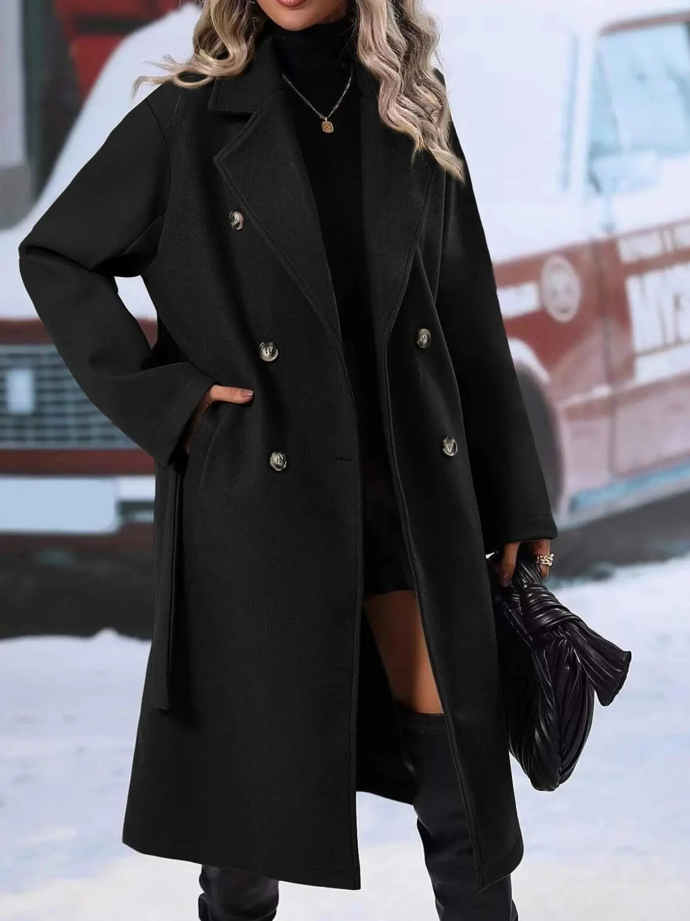 Women's Double-Breasted Belted Long Coat, Notched Lapel Loose Over-Knee Jacket, Elegant Fall Winter Outerwear with Pockets