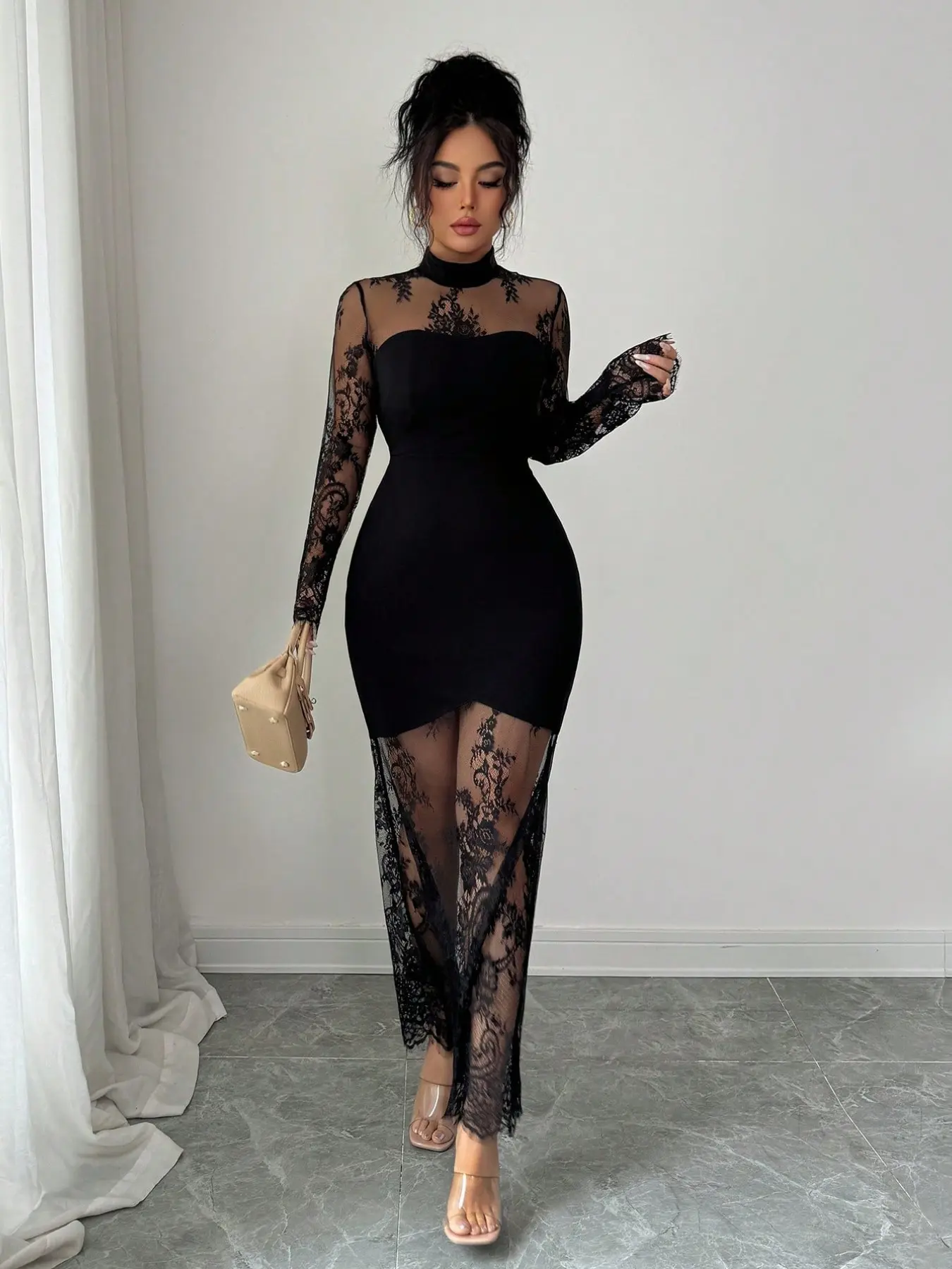 Elegant Floral Lace Long Sleeve Dress, Fall Stand Collar Fish Tail Style, Perfect for Evening Events, Weddings, Parties