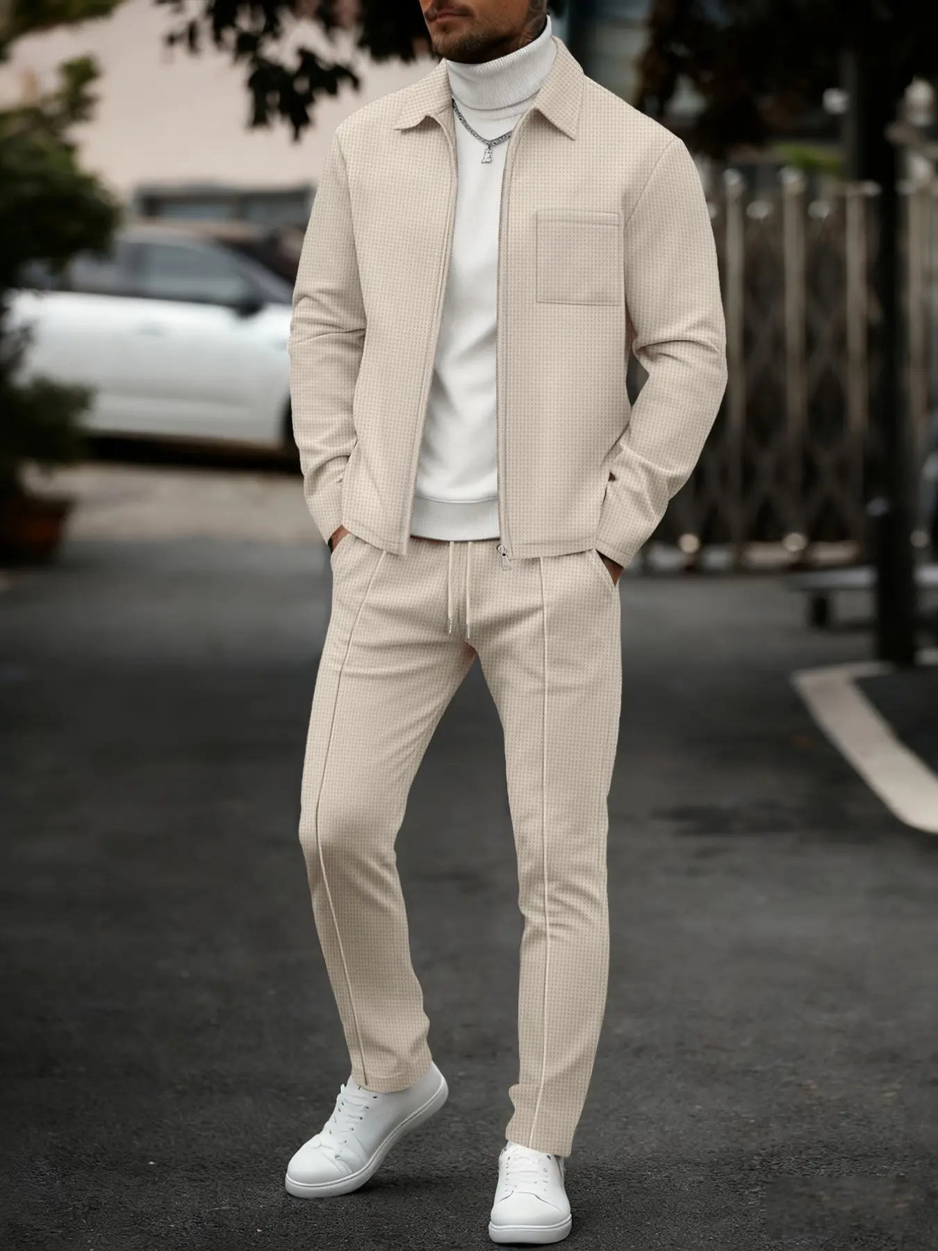 Men's Business Casual Two-Piece Set, Matching Sets, Classic Sets, Waffle Long Sleeve Collar Zipper Jacket + Drawstring Pants, Spring & Fall Fitted Suit, Versatile Daily Wear