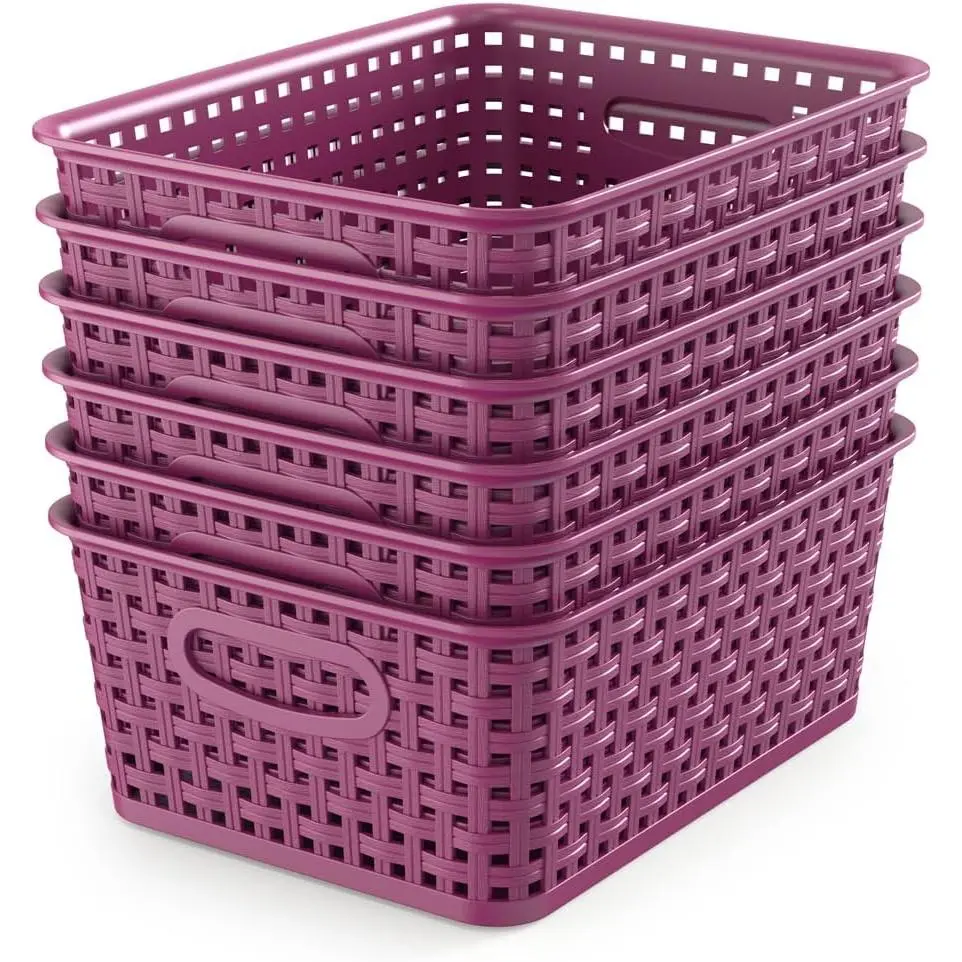 6-Pack Rectangular Foldable Polyester Floral Weave Plastic Small Storage Organiser Baskets for Cabinets, Pantries - Deep Purple