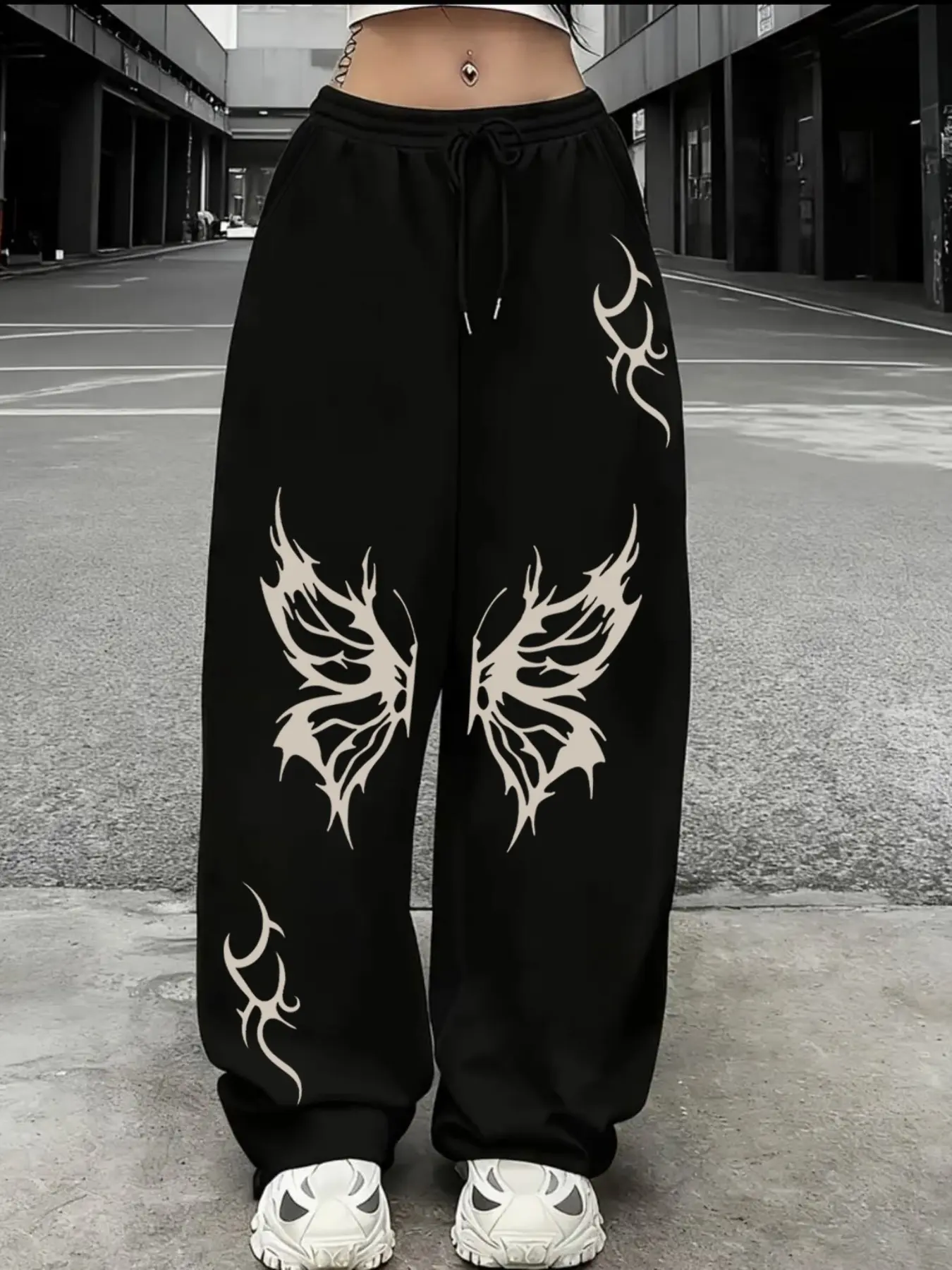 Women's Gothic Butterfly Print Wide Leg Oversized Pants, Elastic Waist Drawstring High-Waisted Loose Fit, Dark Punk Y2K Streetwear Casual Pants