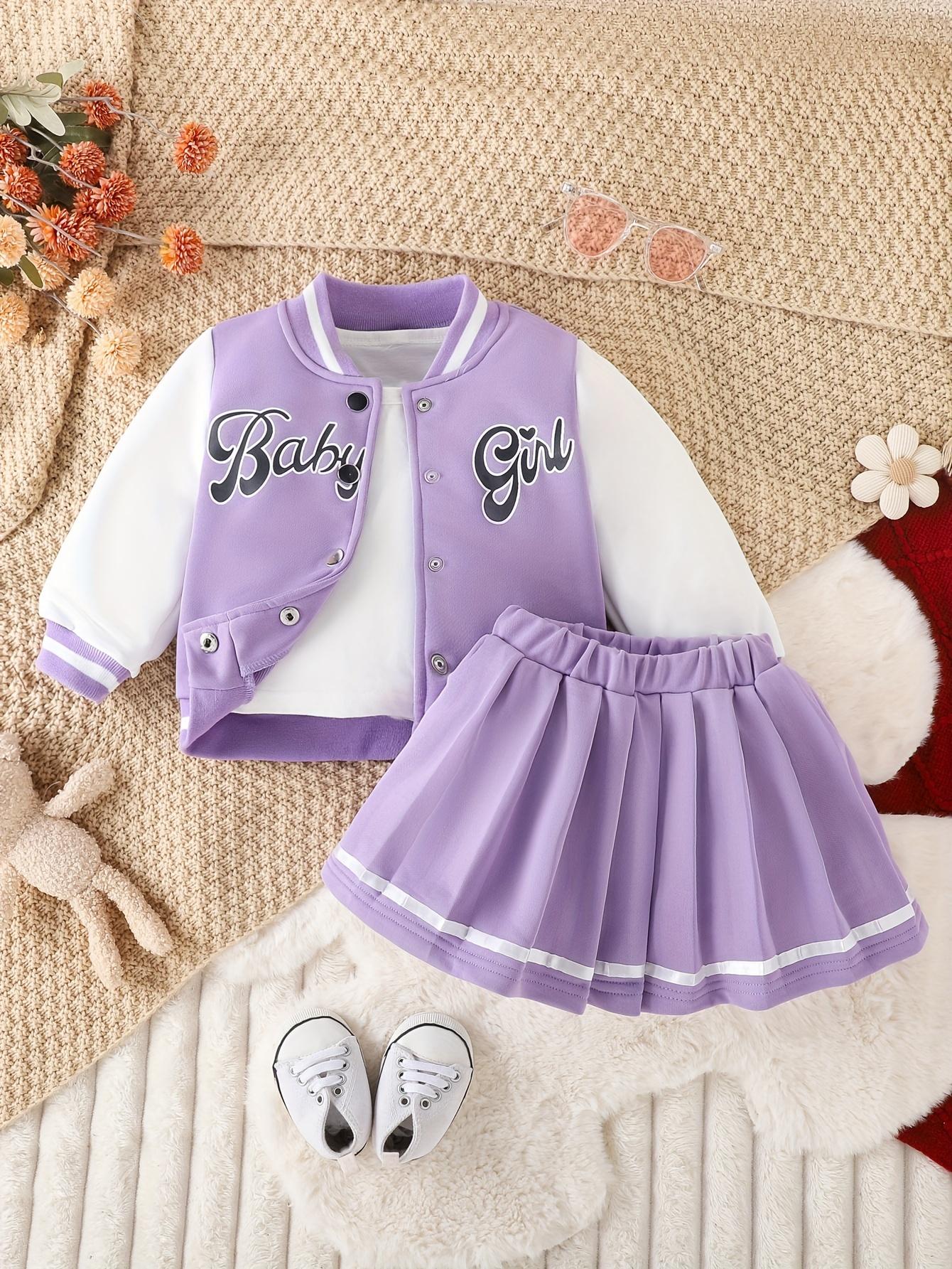 Kids Clothing Girls 2-Piece Preppy Look Set, Cotton Blend Baseball Jacket with Printed Letters + Pleated Skirt, Outdoor & Party Wear Gift