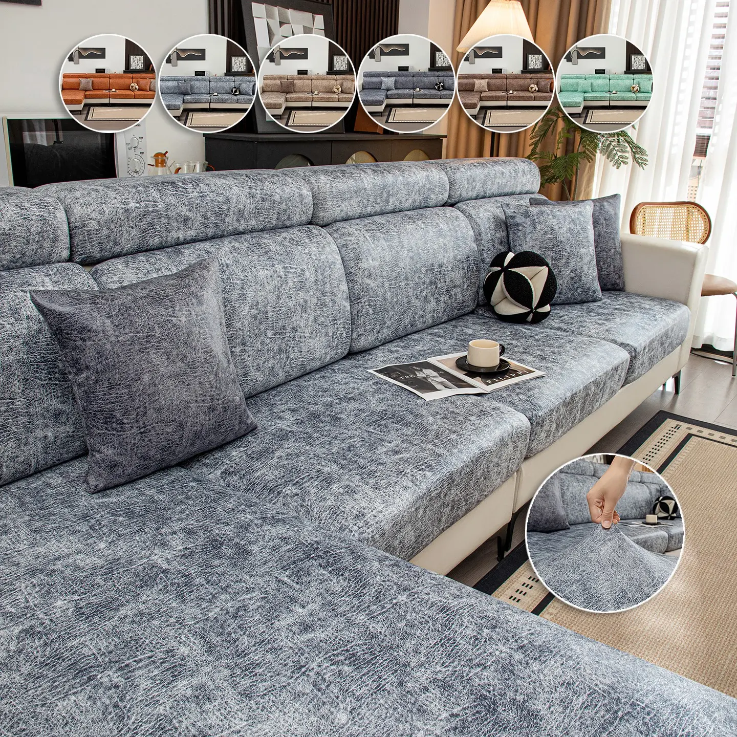 Elastic Full Cover Sofa Slipcover, Crackle Leather Look Waterproof Cat Scratch Resistant Non-Slip Sofa Protector, Washable, for Living Room, Apartment, Studio, L-Shape Corner Sofa