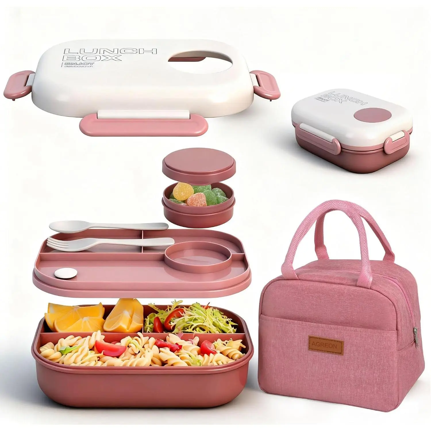 Insulated Bento Lunch Box Set for Women - 3-Compartment, Leak-Proof, BPA-Free, Microwave & Dishwasher Safe, with Detachable Silicone Sauce Container, Lightweight Bag & Fork, Ideal for Work & Travel