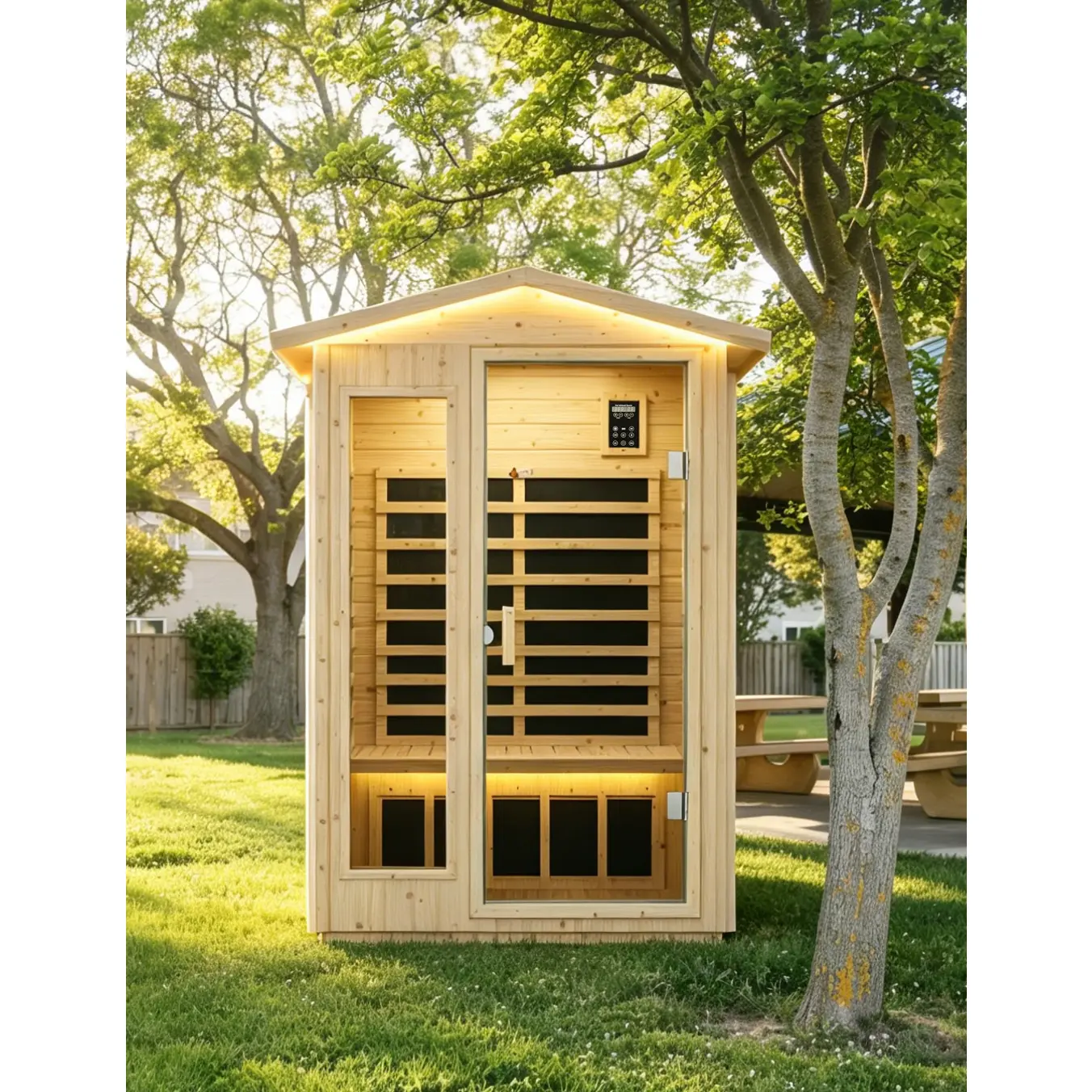 ARCH Far Infrared Sauna Room for Home Indoor Use, Natural Wood Norway Spruce Wood+Glass Construction, 6 Heating Plates 1850W 120V, 58.27D x 40.75W x 81.10H in, 300KG Seat Capacity, 150-190cm Height, US Plug, 1 Unit, Natural Wood Color Options
