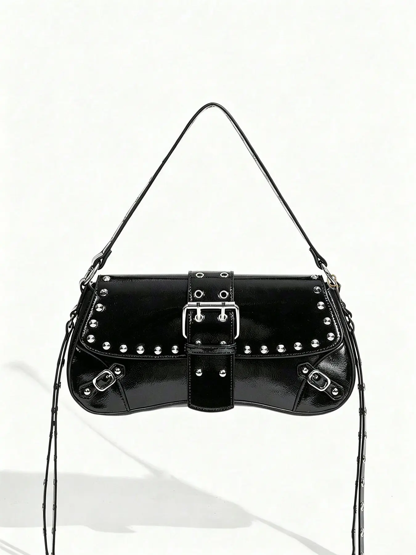 Y2K Women's Underarm Rectangular Bag, Shiny Black Saddle Shoulder Wallet with Metal Buckle and Detachable Strap, Gothic Rock Fashion Handbag, Suitable for Street Fashion, Parties, Date Nights