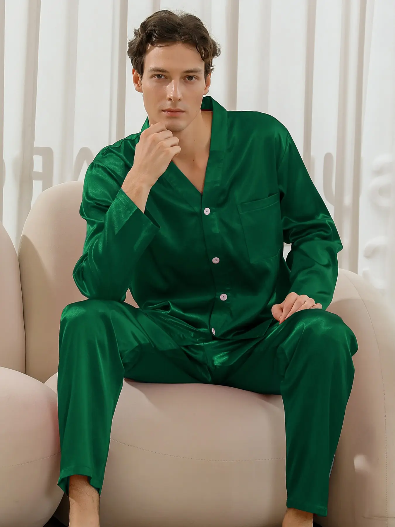 Men's Two-Piece Pajama Set, Long Sleeve Sleepwear + Pants, Button Design, Solid Color, All Seasons, Comfortable Home Wear
