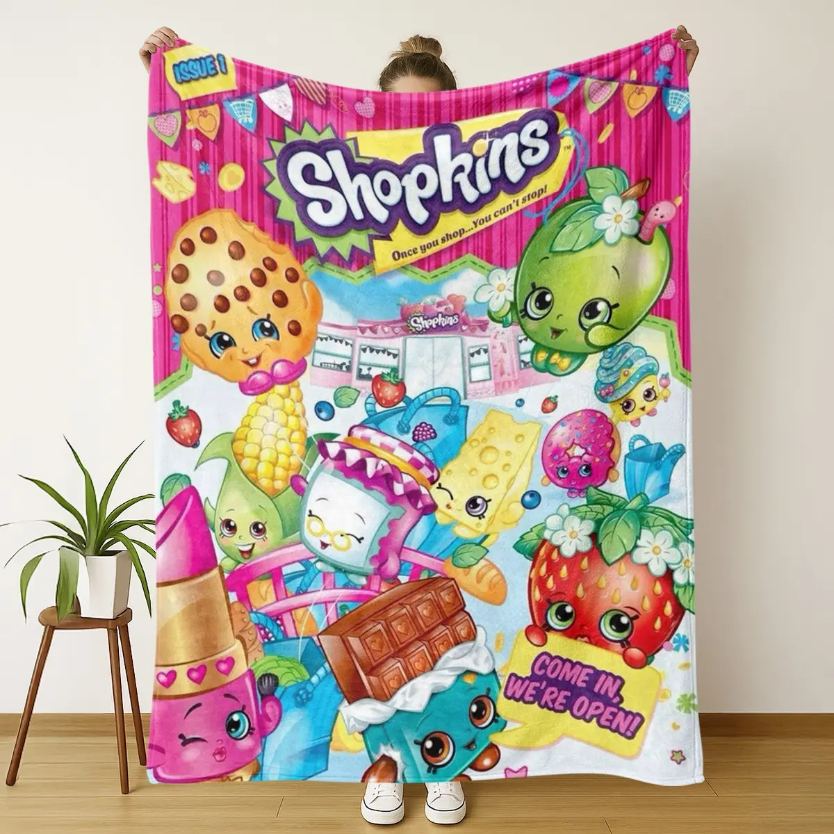 Shopkins Throw Blanket, Cartoon Food Character Flannel, Soft Cozy Cute Collectible Blanket for Sofa Bed Gift, Perfect for Kids & Adults