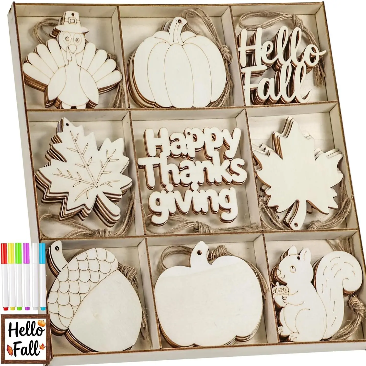 42 count 9 Styles Fall Unfinished Paintable Blank Wooden with Tray | DIY Wooden Ornaments Autumn Thanksgiving Decorations with Watercolor Pens. Maple Leaves Turkey Pumpkin  Birthday