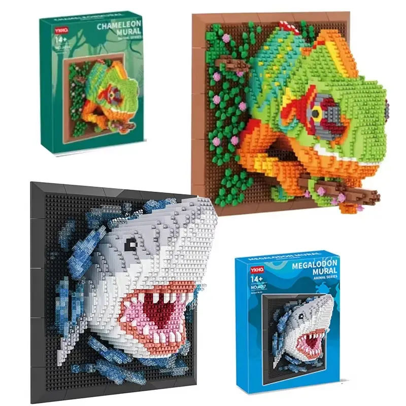 2 Types Animal Mural Chameleon Megalodon Shark Building Set 3D Pixel Art Wall Decor Portrait Building Blocks Kit for Adults