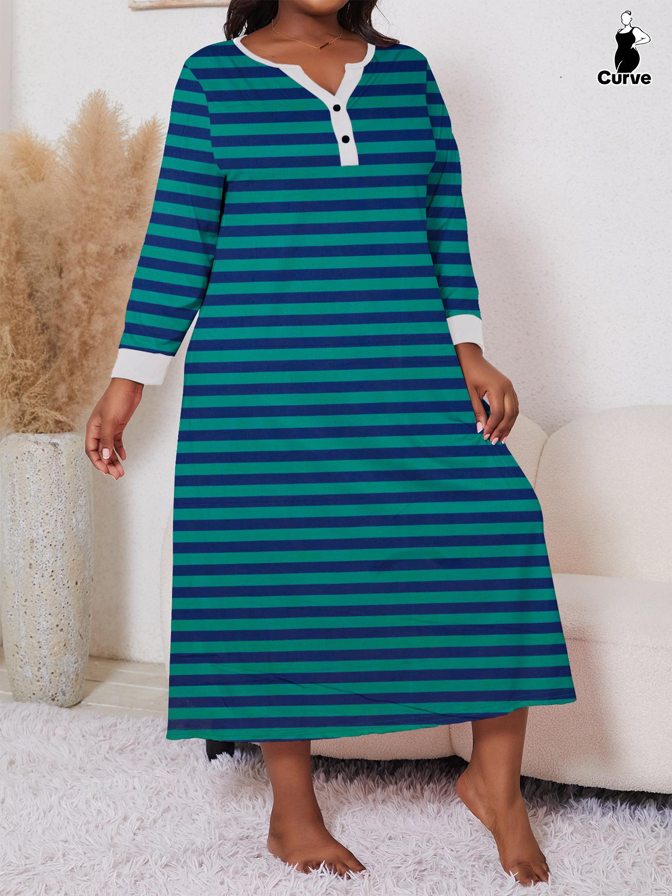 Plus Size Striped Print Contrast Binding Nightdress, Casual Button Front  Notched Neck Sleep Dress for Women, Women's Sleepwear for Spring & Fall