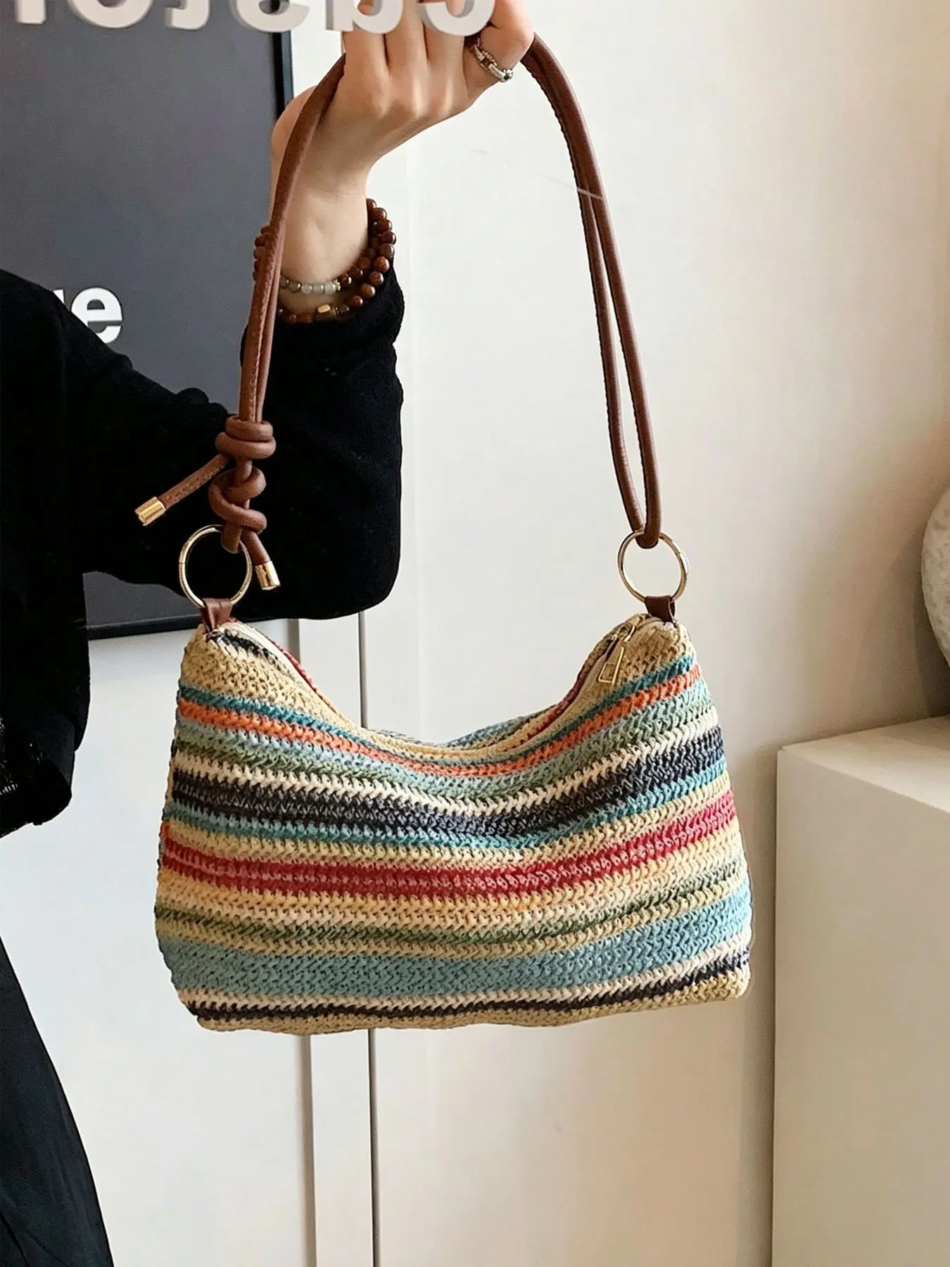Fashion Woven Straw Hobo Underarm Shoulder Bag, Decorative Knotted Leather Strap Design, Bohemian Style Daily Purse, Back-to-School Essential for College Students, Suitable for Trips & Casual Outings, Perfect Gift for Black Friday, Halloween, Christmas
