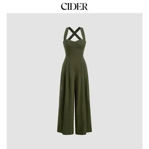 Cider Linen-blend Square Neck Criss Cross Pleated Jumpsuit