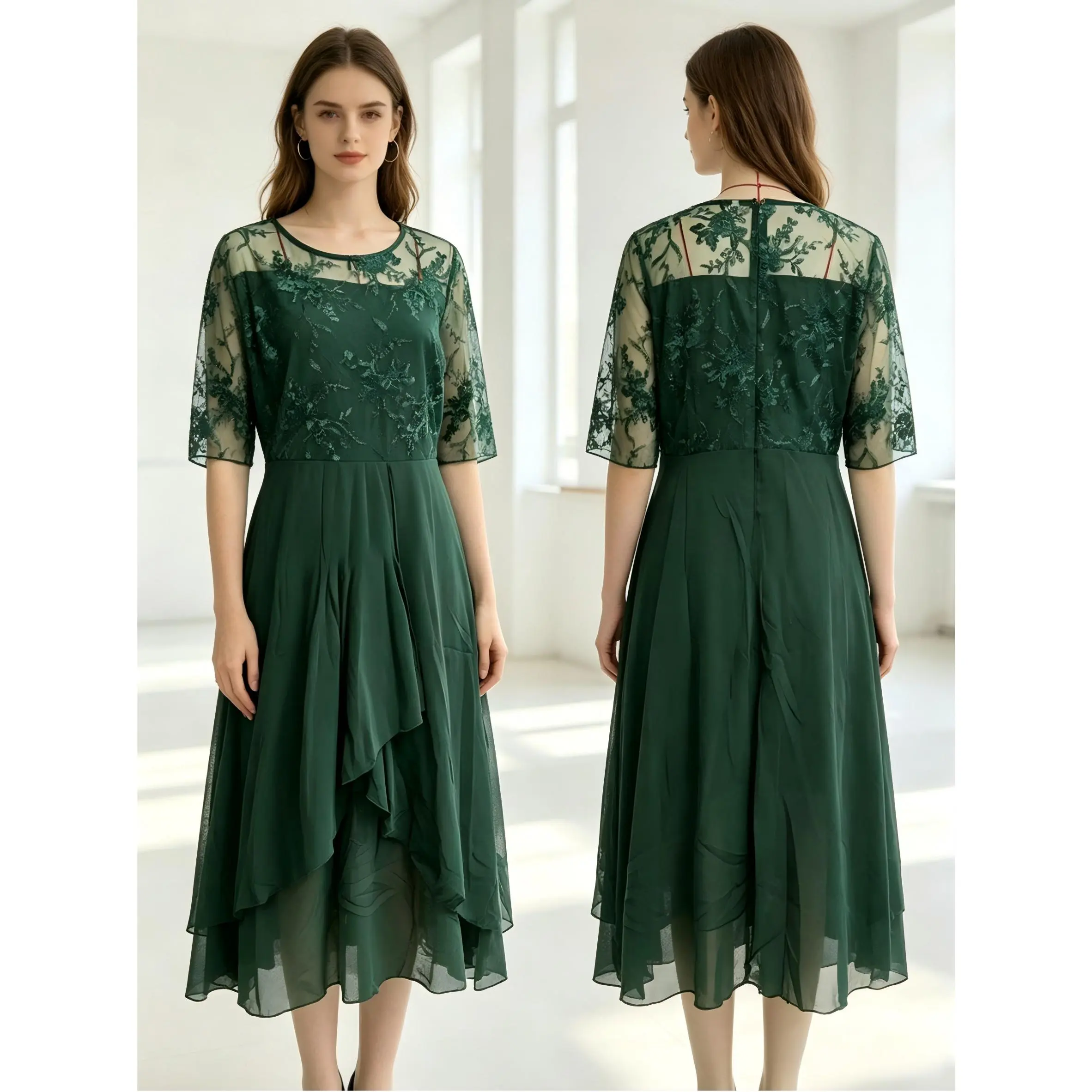 Women's Elegant Maxi Dress with Hollow-Out Lace Bodice - Solid Chiffon A-Line Gown with Short Sleeves for Bridesmaids and Formal Evening Events, Wedding, Wedding Guest Dresses, Elegant Dresses For Women