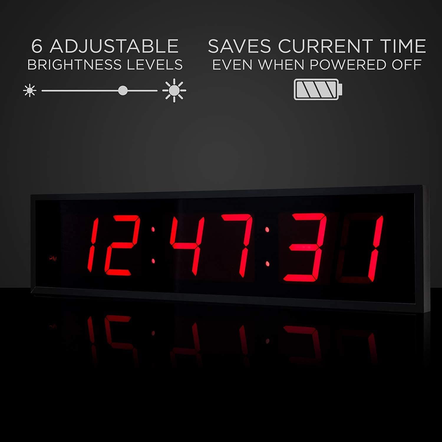 24" Large Digital LED Clock | Big Digital Clock w/Multi-Function Display - Stopwatch, Timer, Alarms, Temp & Date | 6 Brightness Levels, Time Memory & Remote (Red)