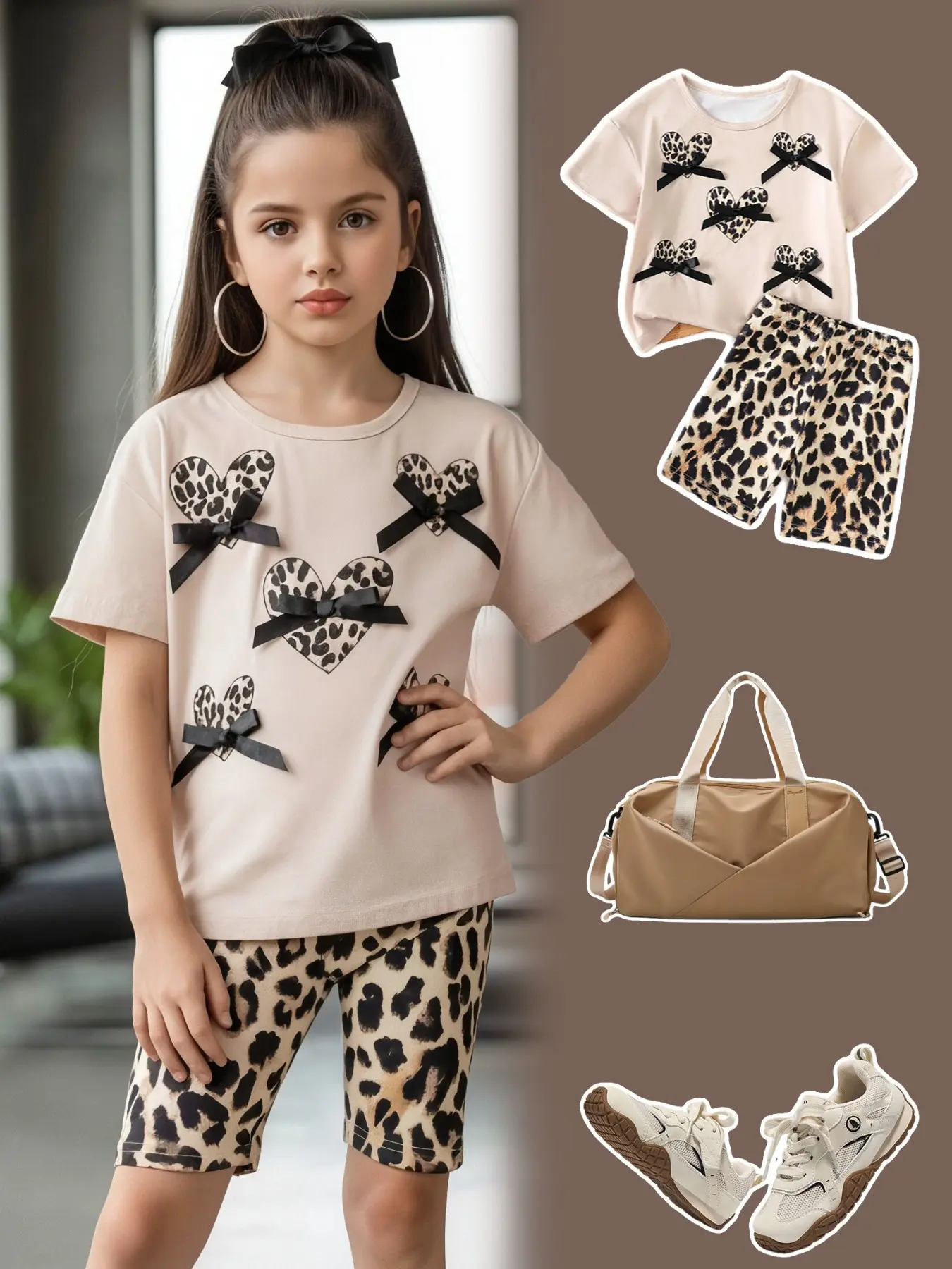 Girls' Heart Print T-Shirt and Shorts Set, Casual Slim-Fitting, Perfect for Summer Travel and Play, Ages 4-7
