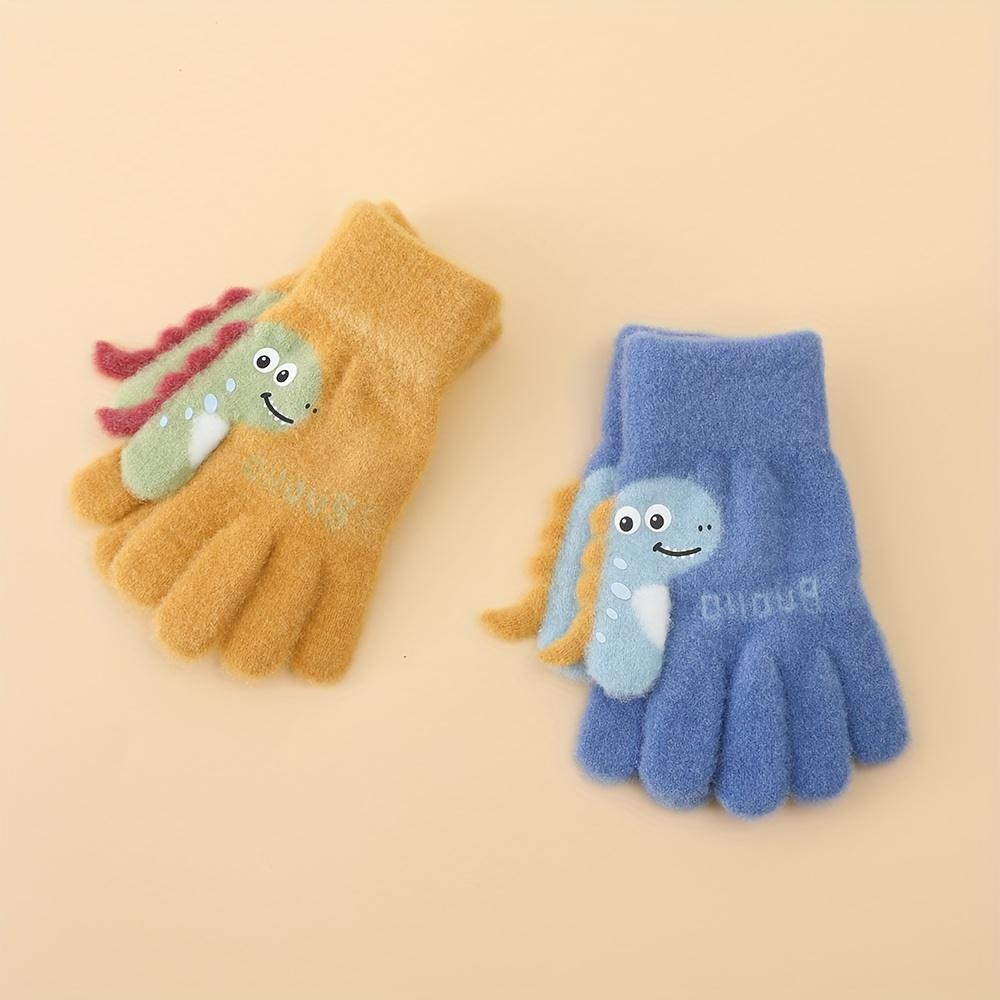 1 Pair of Youngsters's Gloves, Autumn and Winter Warm Plush Five-Finger Cute Cartoon Dinosaur Knitted Mittens for Boys & Girls, 3-7 Years Old