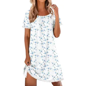 Cotton Nightgowns for Women Pleated Sleep Shirts Short Sleeve Night Shirt Lace Trim Sleep Dress Ladies Gown