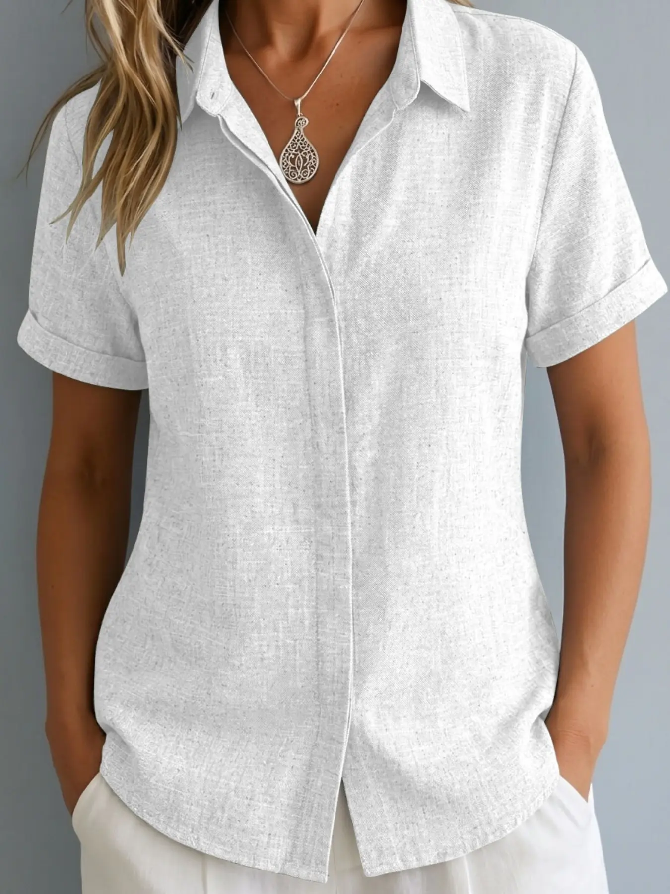 Women's Linen-Style Short Sleeve Shirt, Casual Loose Fit Button-Up Blazer Top, Comfortable Daily Wear, Elegant Design