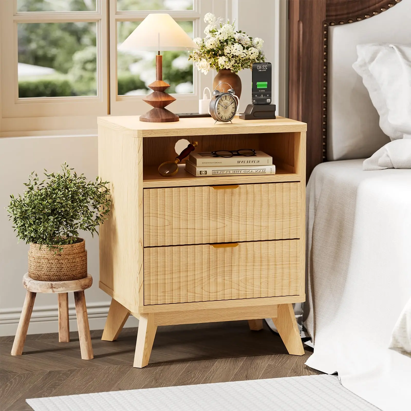 Fluted Nightstand Set of 2,Wood Night Stands with Charging Station,Modern Bedside Table with 2 Drawers Open Shelf,End Table with Wood Legs for Living Room Bedroom Office,dorm essentials,home decor