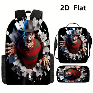 3-Piece Freddy Kruger Nightmare on Elm Street Backpack Set, Includes Lunch Bag and Pencil Case - Freddy Kruger Print Design, Adjustable Shoulder Straps, Durable, Zipper Closure, Horror Movie Theme Gift, Perfect for Fans, Students, Travelers, and Everyday