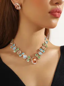 Elegant Colorful Geometric Crystal Decor Jewelry Set, Including Necklace & Dangle Earrings, Fashion Jewelry Accessories for Women As Gift
