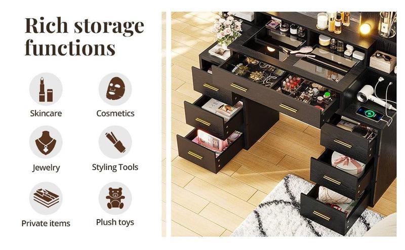 Glass Top Makeup Vanity with Lighted Mirror Black