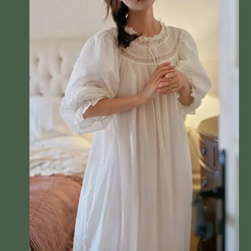 French Princess White Lace Nightgowns Spring Full Sleeves 100% Cotton Nightdress Women Long Style Anlke-Length Victoria Nightie
