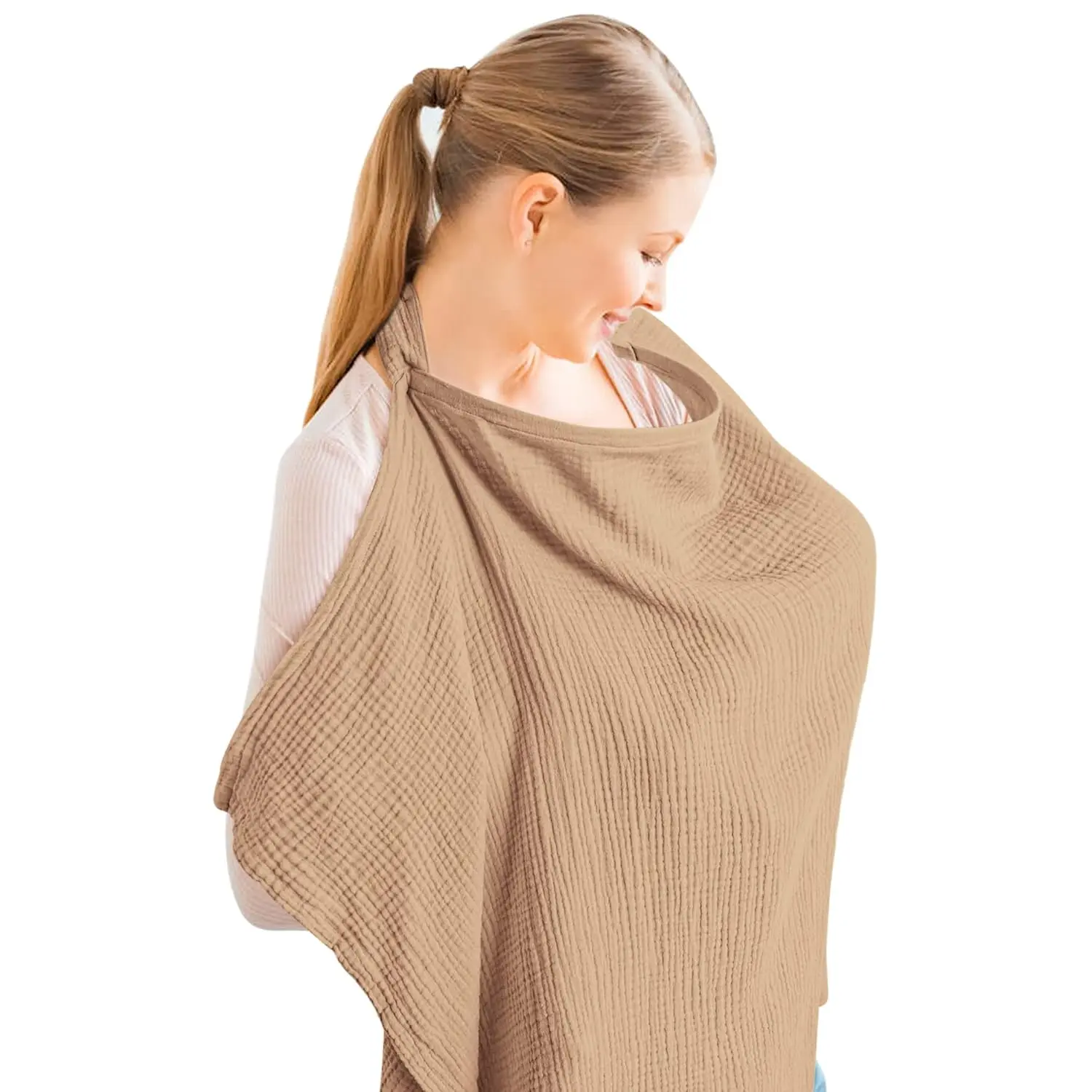 Muslin Nursing Cover for Baby Breastfeeding, Breathable 100% Cotton Breastfeeding Cover with Rigid Hoop for Mother Nursing Apron, Multi-use Carseat Canopy (Camel)