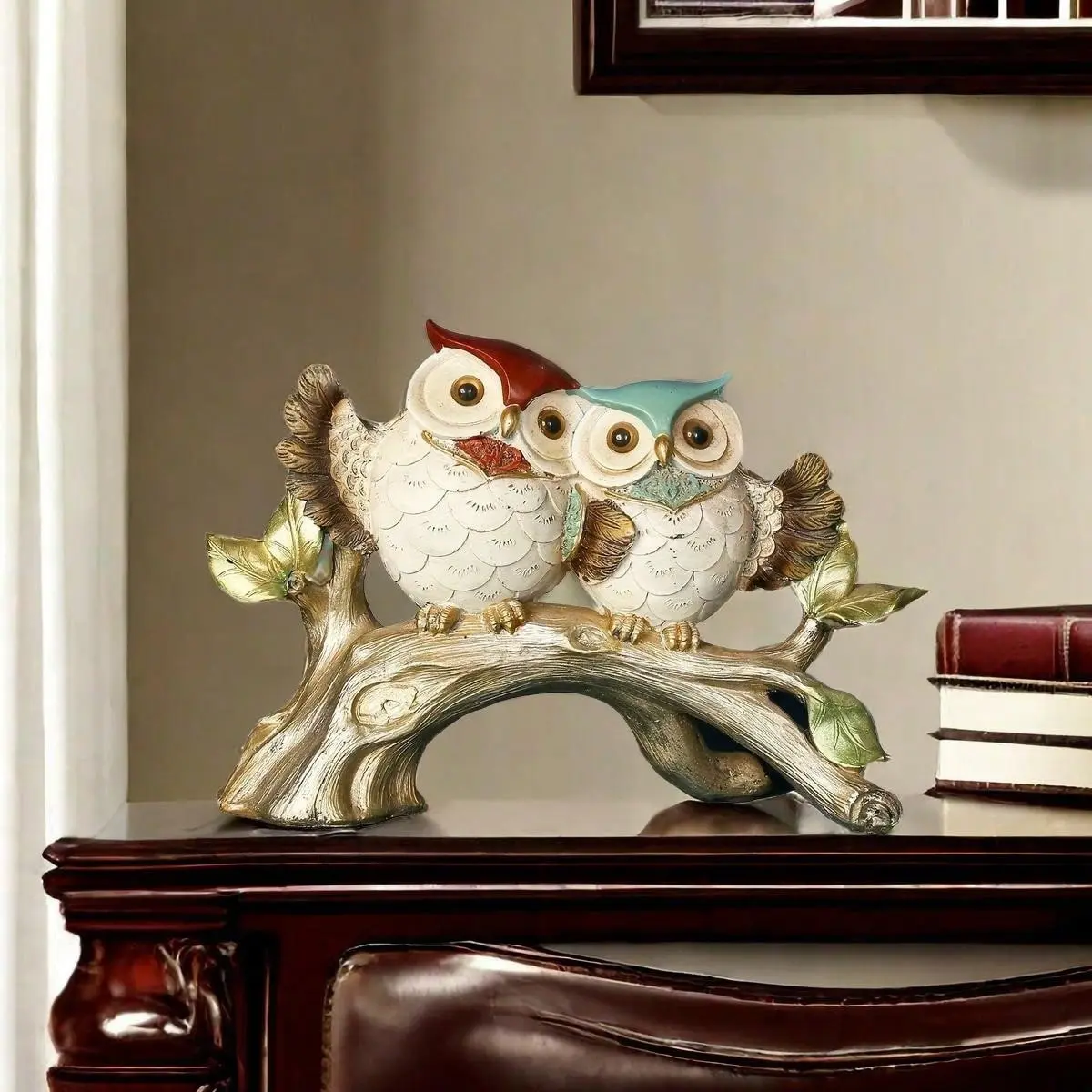 European Style Owl Decoration, Realistic Animal Resin Statue, Home Living Room Office Decor, Couple Ornament, Elegant Owl Sculpture