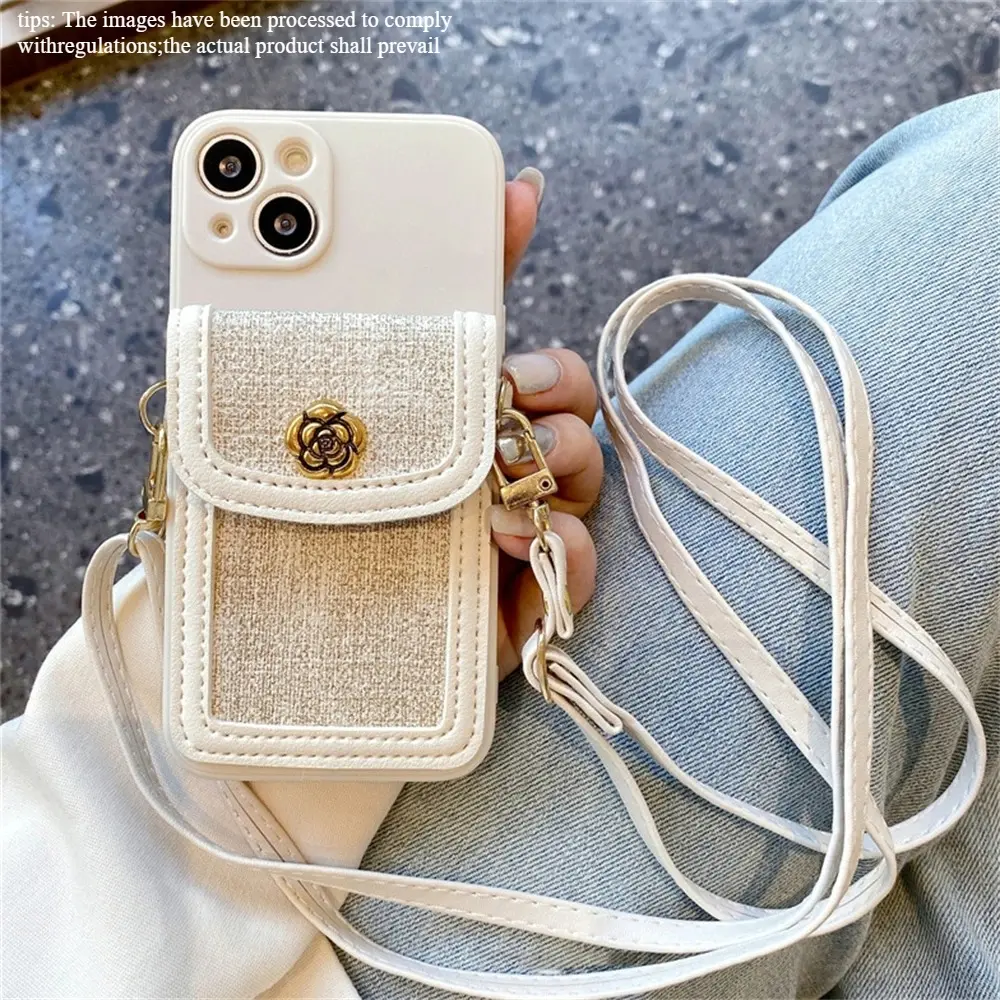 Luxury 3D Camellia Flower Leather Card Bag Crossbody Lanyard Soft Case For iPhone 17 16 15 14 Pro Max 13 12 11 X XS XR 7 8 Cover